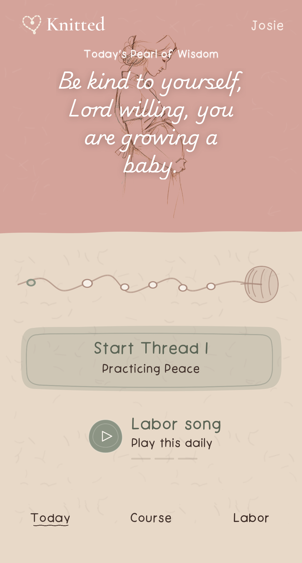 Knitted Today screen with a pearl of wisdom and Start Thread 1